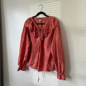 Women’s 100% Silk Coral Ruffle Tie-Neck Blouse